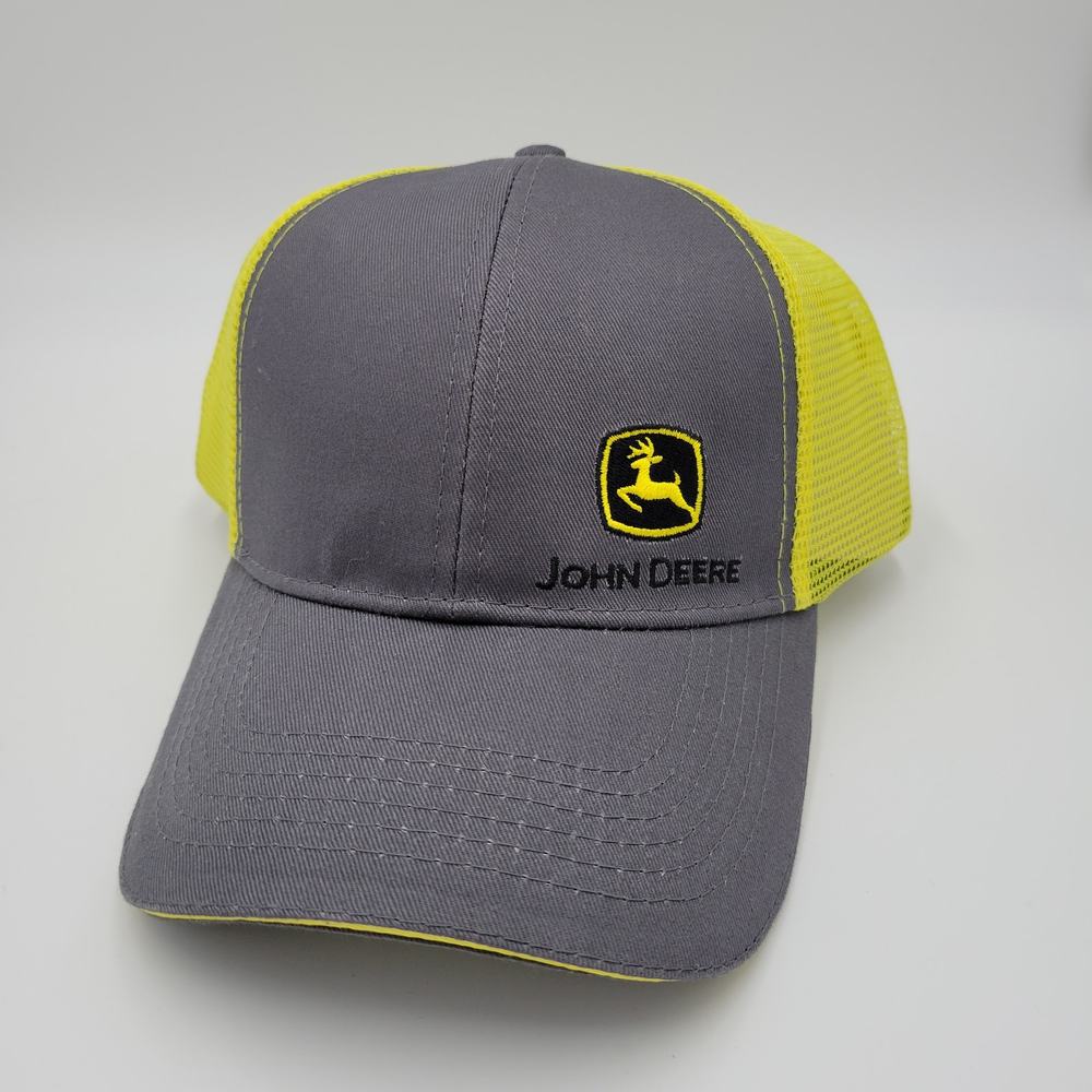 John Deere Mens Gray & Yellow Trucker Hat Embroidered Snapback Mesh NEW